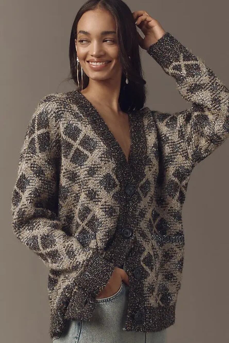 Maeve by Anthropologie Diamond Sparkle V-Neck Cardigan Sweater Gray XL Petite